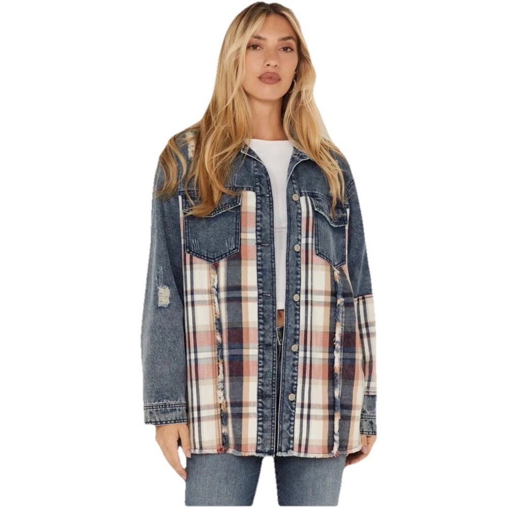 Stoosh Women Plaid print long sleeve denim shacket Size 3X western boho country